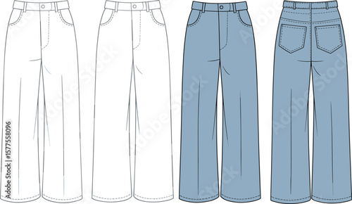 Women’s high waist wide leg denim jeans technical flat sketch, front and back view, fashion illustration for clothing design