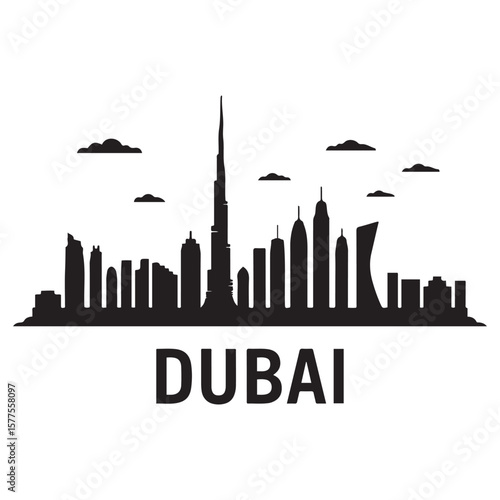 Dubai city skyline horizontal banner. Dubai city, UAE. Vector template for your design. Vector black silhouette. with white background
