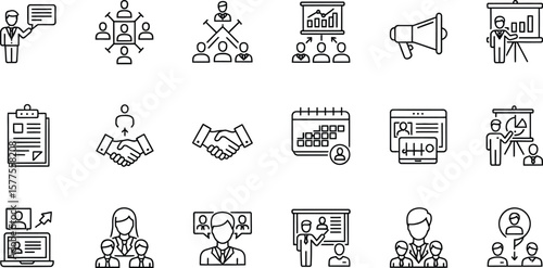 Set of business and management icons in a minimalist outline style design