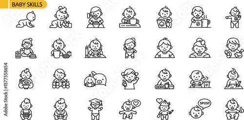 Baby Skills line icon set. Vector pictograms of toddler crawling, feeding, motor coordination, drinking, drawing, empathy, exploration, speech, thin