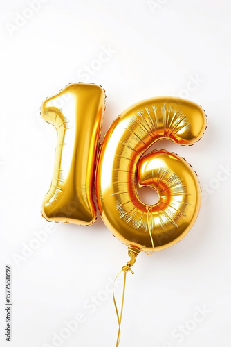 Golden number 16 foil balloons on a white background. Shiny helium balloons representing a 16th birthday or sweet sixteen celebration