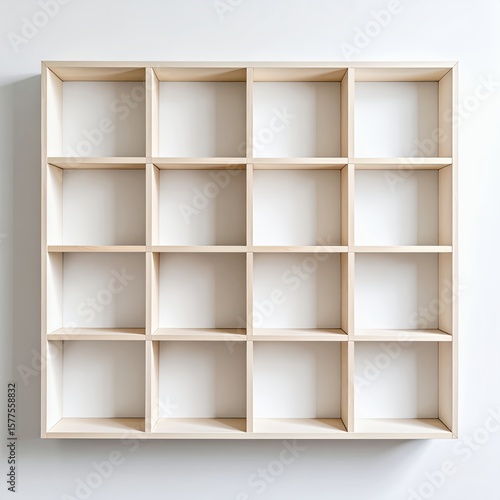 Minimalist wooden shelf with sixteen compartments providing organized storage solution on white background