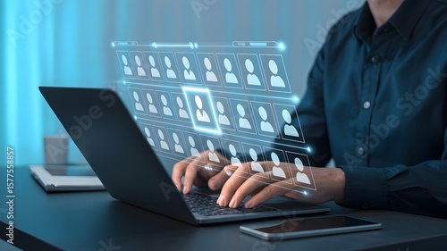 Person using laptop for online recruitment showing candidate selection and management process for new job applicant.