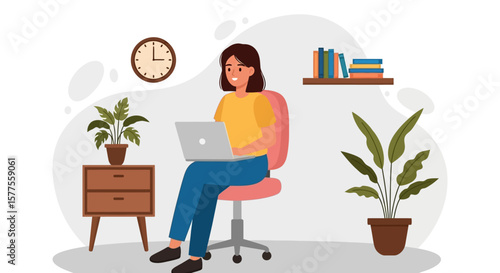 Cozy workspace illustration depicting a woman working on a laptop at home, fostering creativity and productivity.