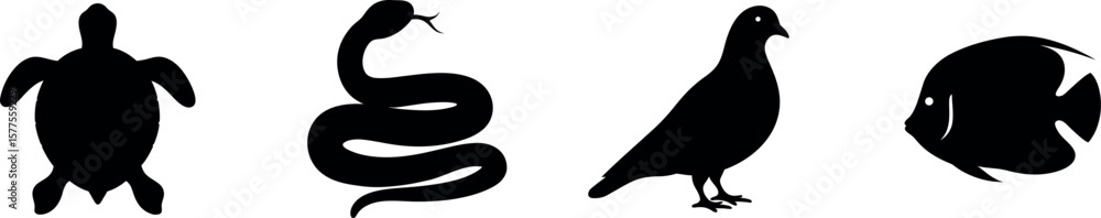 Obraz premium Animal Silhouette Set – Vector Icons of Snake, Turtle, Bird, and Fish in Black Style
