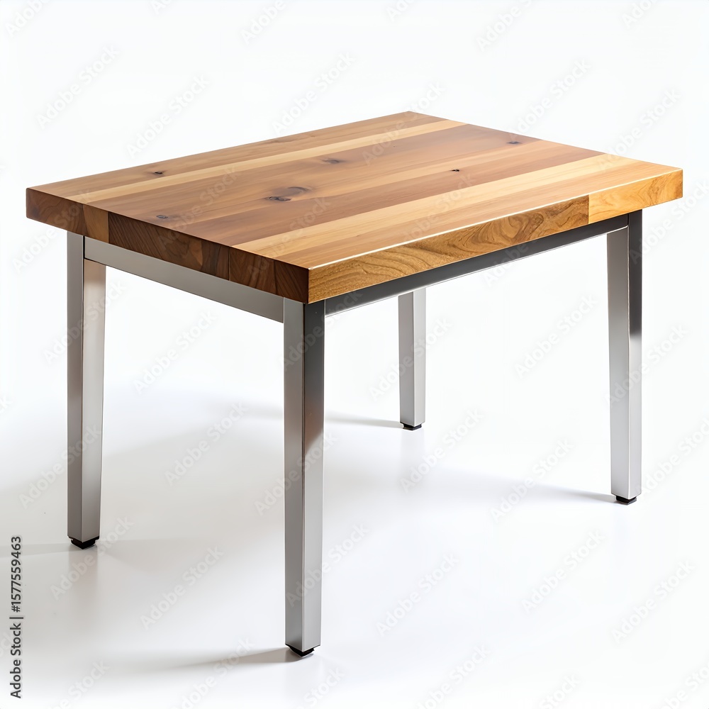 Fototapeta premium Wooden tabletop dining table with reflective metallic legs minimalist design on white background