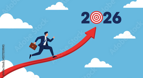 Aiming High Business Growth Strategy for 2026 with Upward Arrow and Target, Aspirational Business Goals, and Future Business Opportunities