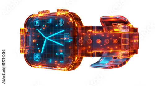 Futuristic digital smartwatch in glowing orange and blue wireframe style. Transparent PNG. wearable tech concepts and innovation showcases