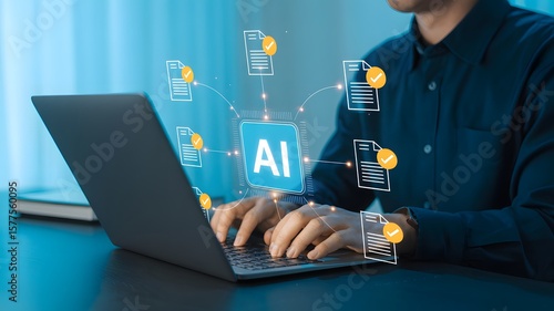 Person uses artificial intelligence to process documents, using a laptop in a modern technology business.