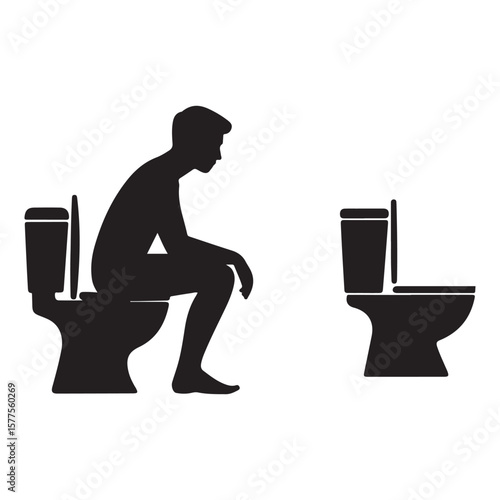Man sitting on toilet with another toilet nearby silhouette bathroom