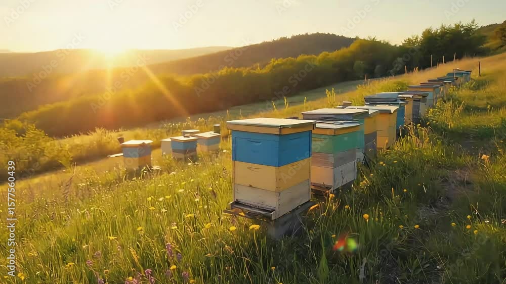 Colorful beehives in a sunlit meadow, surrounded by wildflowers and rolling hills at sunset Colorful beehives in a sunlit meadow, surrounded by wildflowers and rolling hills at sunset