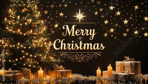 Wallpaper Mural  Christmas tree, candles, and gifts on a background of golden stars Torontodigital.ca