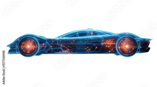 High-tech digital sports car in glowing blue wireframe with orange data nodes. Transparent PNG. automotive technology and innovation concepts