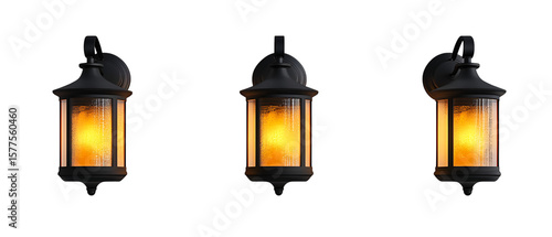 Three outdoor sconces illuminate the darkness with a warm golden glow, showcasing elegant design and inviting ambiance for any home, transparent background