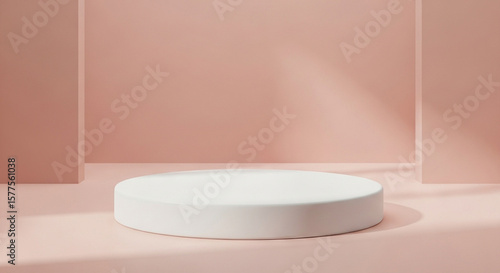 Clean white circular platform in a serene pastel studio setting perfect for product showcase