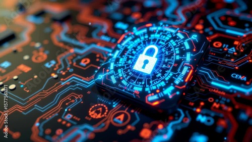 Digital security concept featuring glowing lock icon futuristic circuit board symbolizing advanced data protection cybersecurity technology innovation