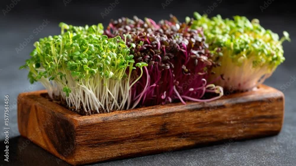 Colorful Microgreens: Vibrant microgreens displayed in wooden tray, showcasing the freshness of nature. Evoking a sense of freshness and the health benefits of these culinary delights. Colorful Microgreens: Vibrant microgreens displayed in wooden tray, showcasing the freshness of nature. Evoking a sense of freshness and the health benefits of these culinary delights.