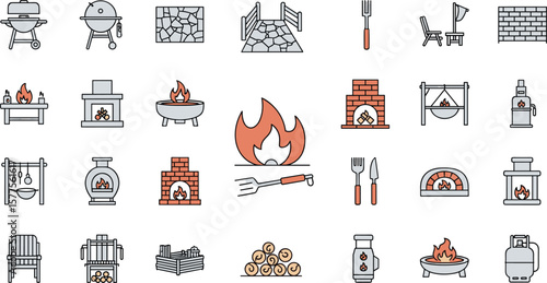 Backyard firepit outdoor features line icon set. Vector pictograms of kitchen, patio, fireplace, chiminea, pizza oven, firewood, propane tank, thin linear