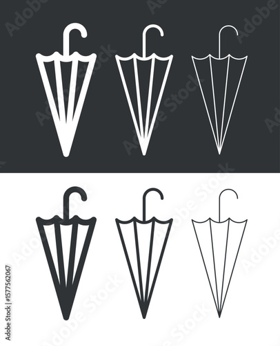 Icon of a folded umbrella. Symbol of rain or protection. Means of protection from the sun. Season or autumn pictogram.  Attribute of bad weather or precipitation. Vector icon.