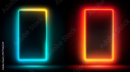 Vibrant neon rectangles in contrasting colors against a dark and illuminated background