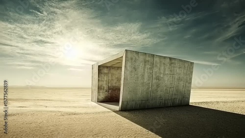 Concrete structure on a arid land, a minimalist architectural statement against the desolate background