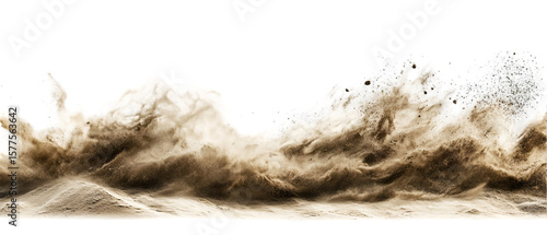 A dynamic explosion of sand with dust particles creates a dramatic effect against a transparent background, perfect for compositing.