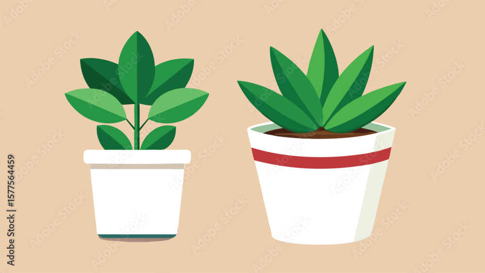 Two potted plants on a beige background: a serene depiction of greenery, designed to add vitality and freshness to any setting. Two potted plants on a beige background: a serene depiction of greenery, designed to add vitality and freshness to any setting.