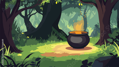 Enchanted Forest Glade with Witches Stirring Cauldron - Magical Scene