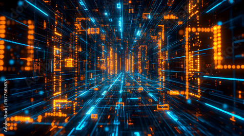 Abstract digital tunnel with glowing blue and orange lines
