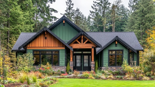 A single-story house with green siding and wood details features black-framed windows, double doors, and vibrant landscaping in a peaceful, tree-lined setting.