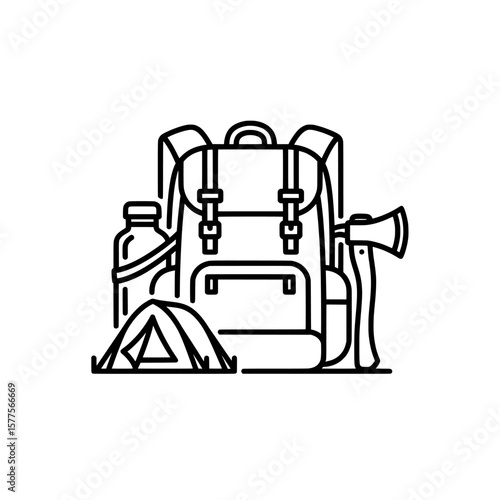 Hiking backpack with tent and water bottle for outdoor activities