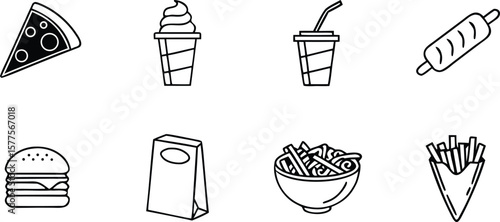 A collection of eight simple black and white line art icons representing popular fast food items and drinks isolated on transparent background
