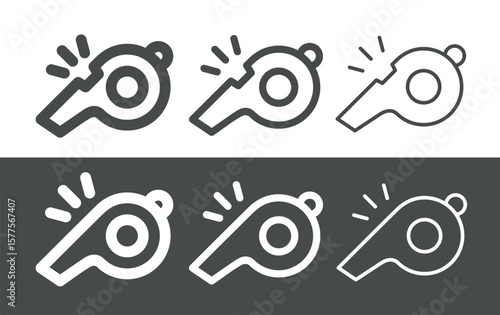 Referee whistle icon. Symbol of sport, match or championship. Referee whistle, attribute of sports referee or violation of game rules. For playing football or hockey, volleyball or basketball. Vector 