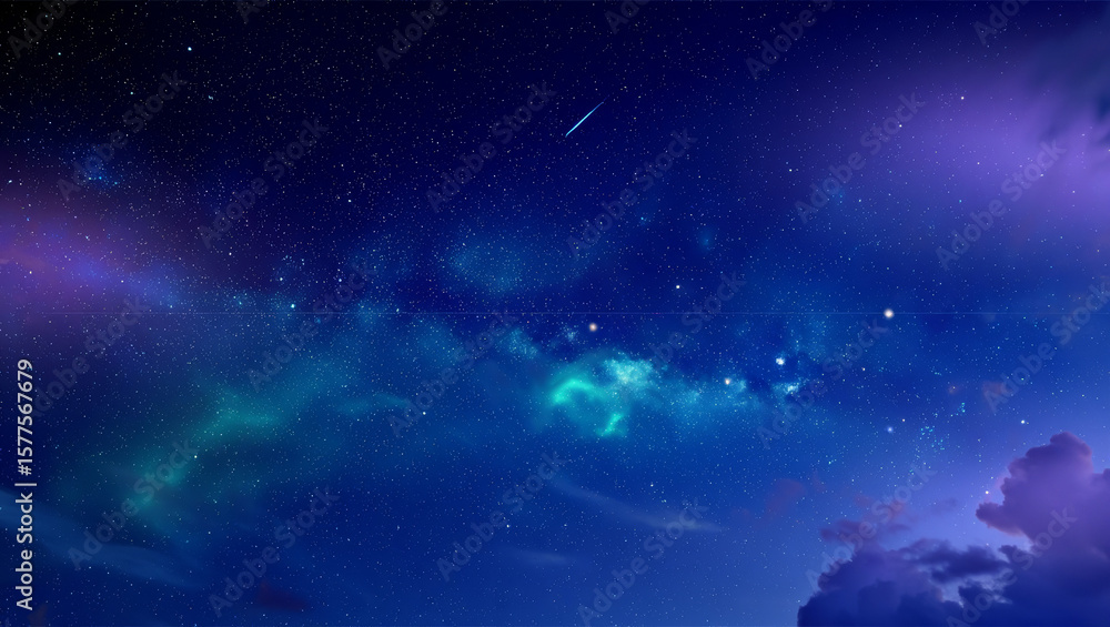 Fototapeta premium Vast starry night sky with glowing nebulae and a shooting star