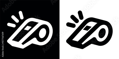 Referee whistle icon. Symbol of sport, match or championship. Referee whistle, attribute of sports referee or violation of game rules. For playing football or hockey, volleyball or basketball. Vector 