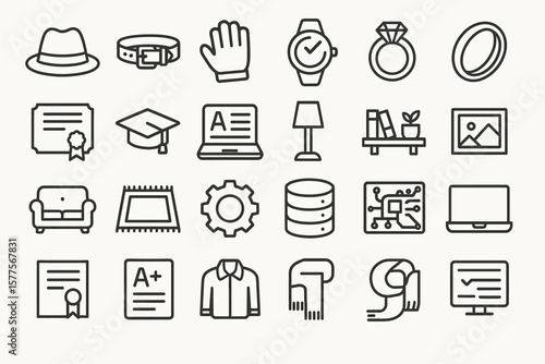 Collection of office and personal item icons in black and white