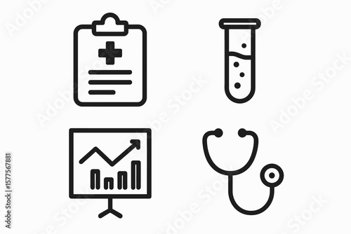 Medical icons: health clipboard, laboratory test tube, graph chart, stethoscope