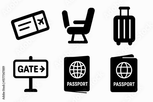 Air travel essentials: ticket, seat, luggage, gate, passport icons collection