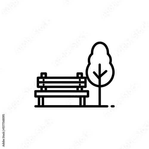 Park bench with tree line art outline for outdoor space