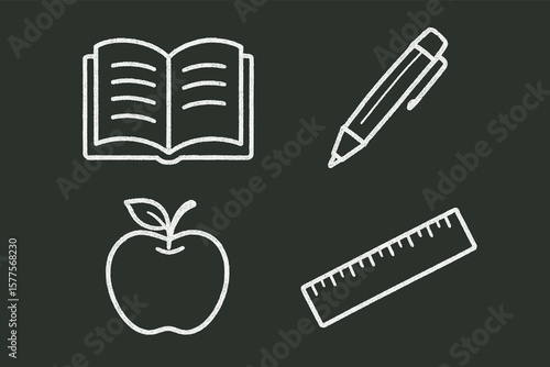 Chalkboard drawings of book, pen, apple, and ruler for education theme