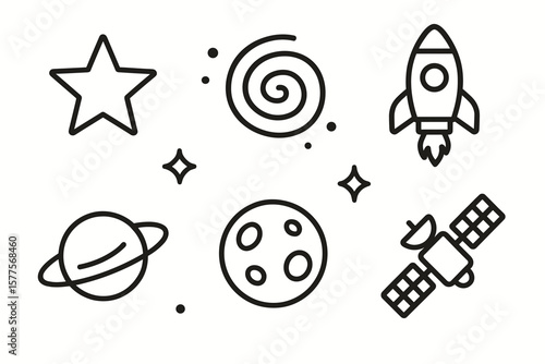 Space-themed outline icons featuring rocket, planet, and satellite