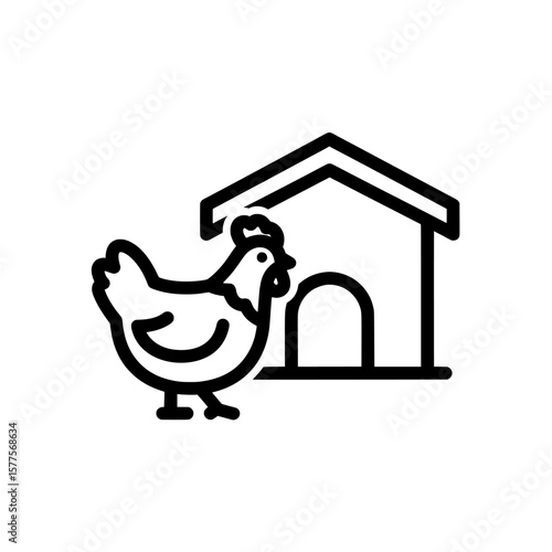 Hen and henhouse outline with sleek line work for rural farm themes
