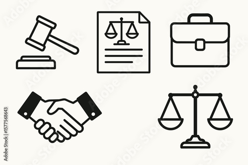 Legal icons set: gavel, document, briefcase, handshake, scales of justice