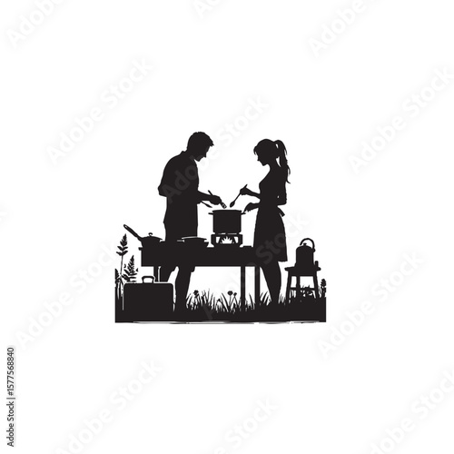 Vanlife Couple Cooking Outdoors Silhouette on White Background – Vector Illustration for Travel Lifestyle, Camper Living, and Outdoor Culinary Adventures