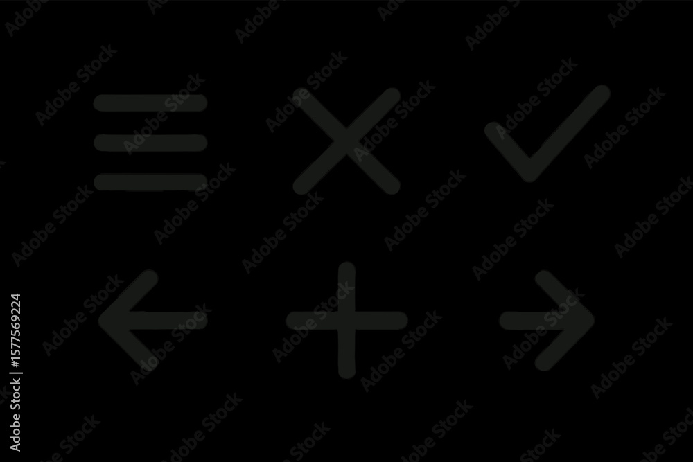 Obraz premium Set of simple navigation icons including menu, cross, checkmark, arrows, and plus symbols