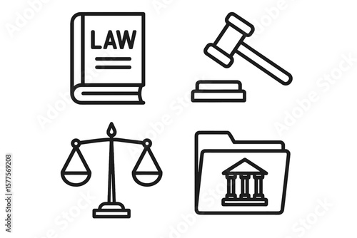 Law icons: gavel, balance scales, law book, courthouse folder