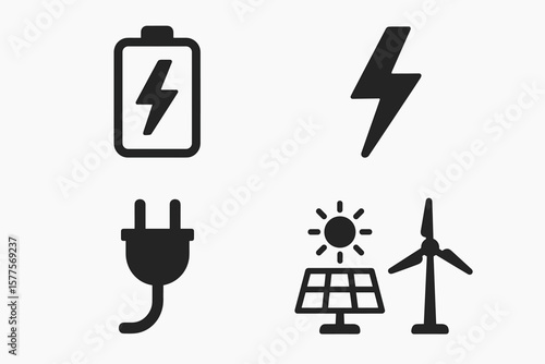 Energy icons: battery, lightning bolt, plug, solar panel, wind turbine