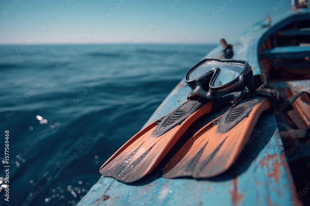 Naklejka premium Snorkeling gear on a boat above the sea