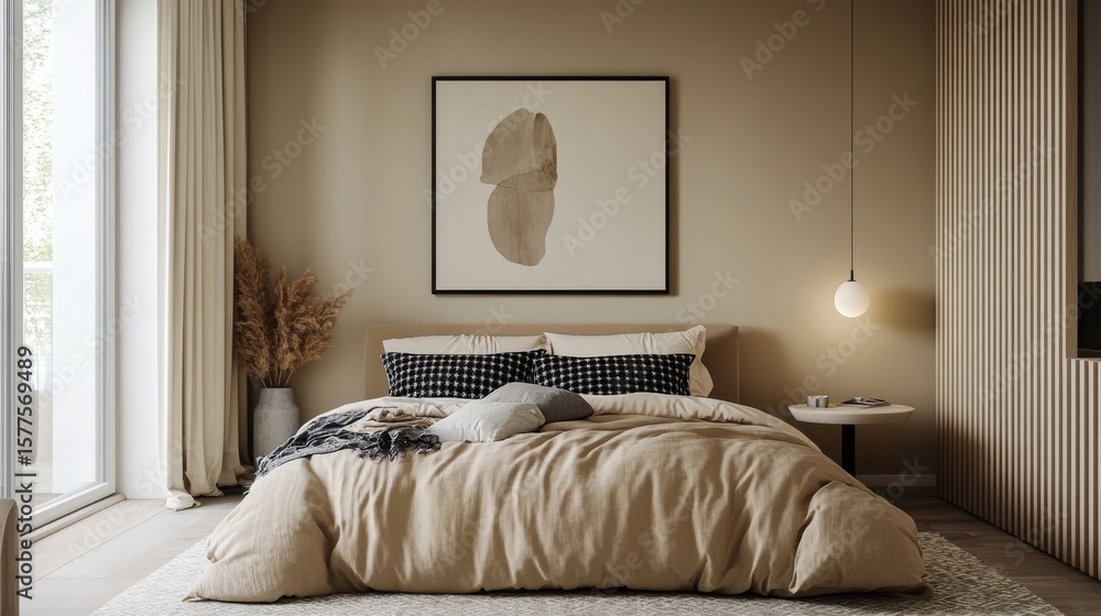Fototapeta premium Neutral bedroom with tan bedding, black-white pillows, beige wall, geometric art, round table lamp, patterned rug, and minimal tones.