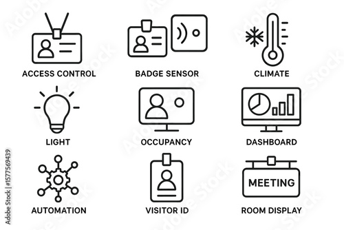 Smart building icons: access, sensor, climate, lighting, occupancy, dashboard, automation, visitor, display